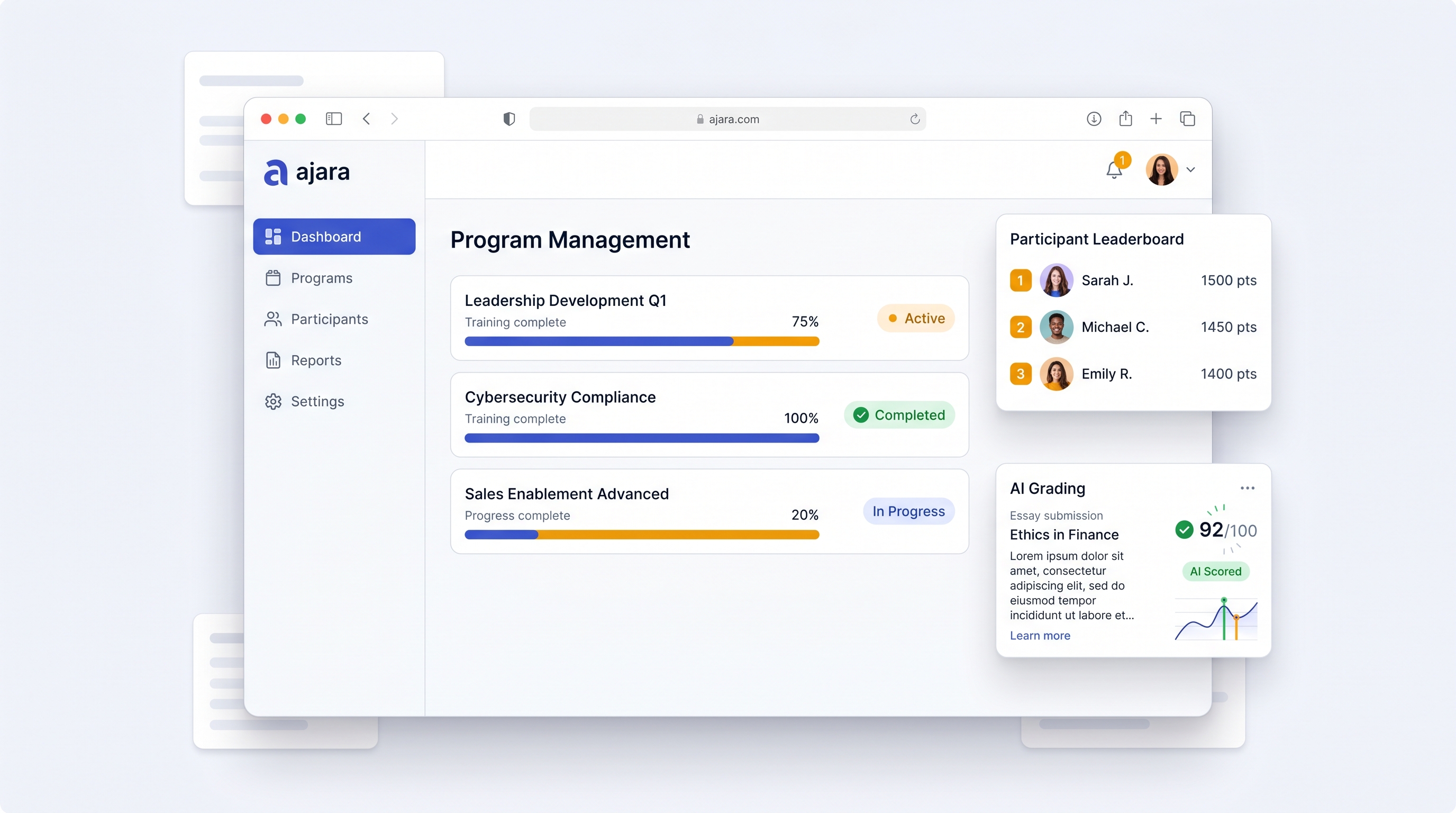 Dashboard Ajara — manajemen program, leaderboard, dan AI grading